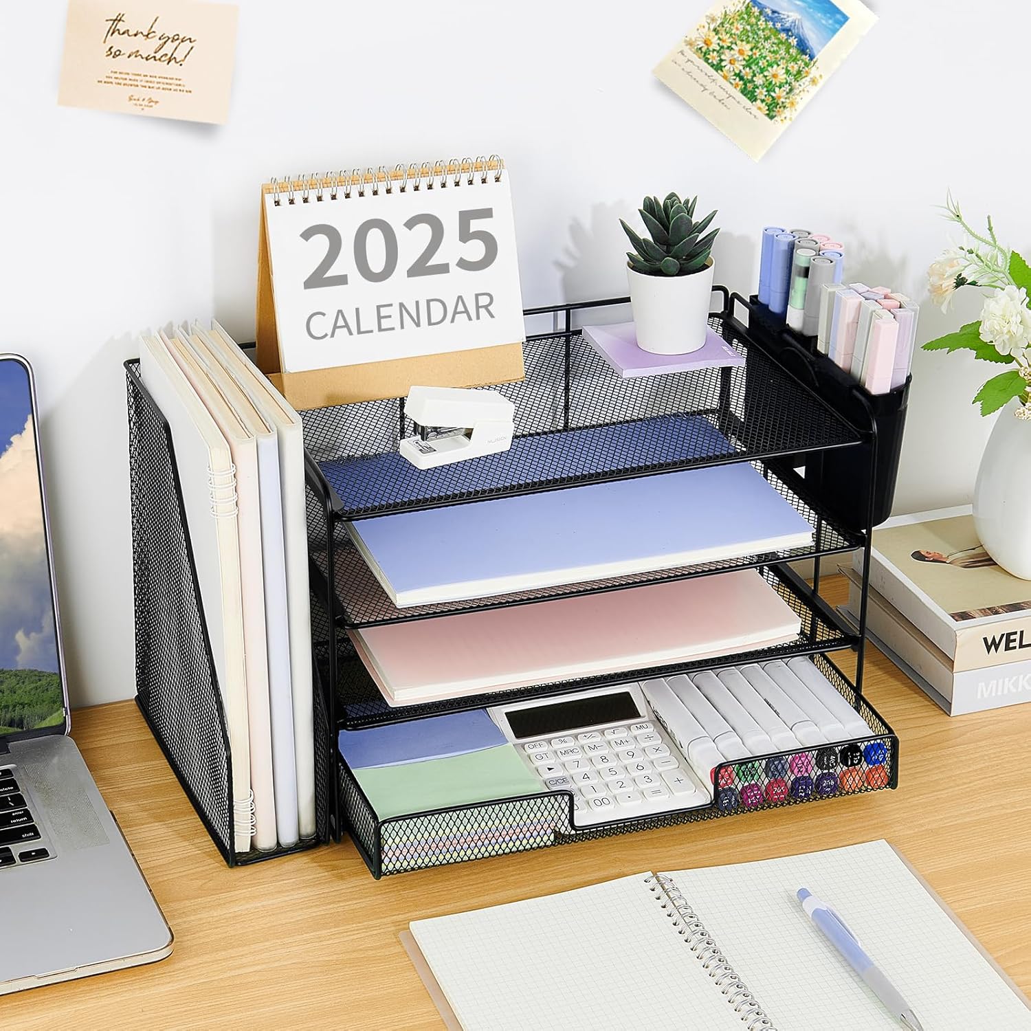 Shows all the components included in the desk organizer set, demonstrating its versatility for organizing various office supplies.