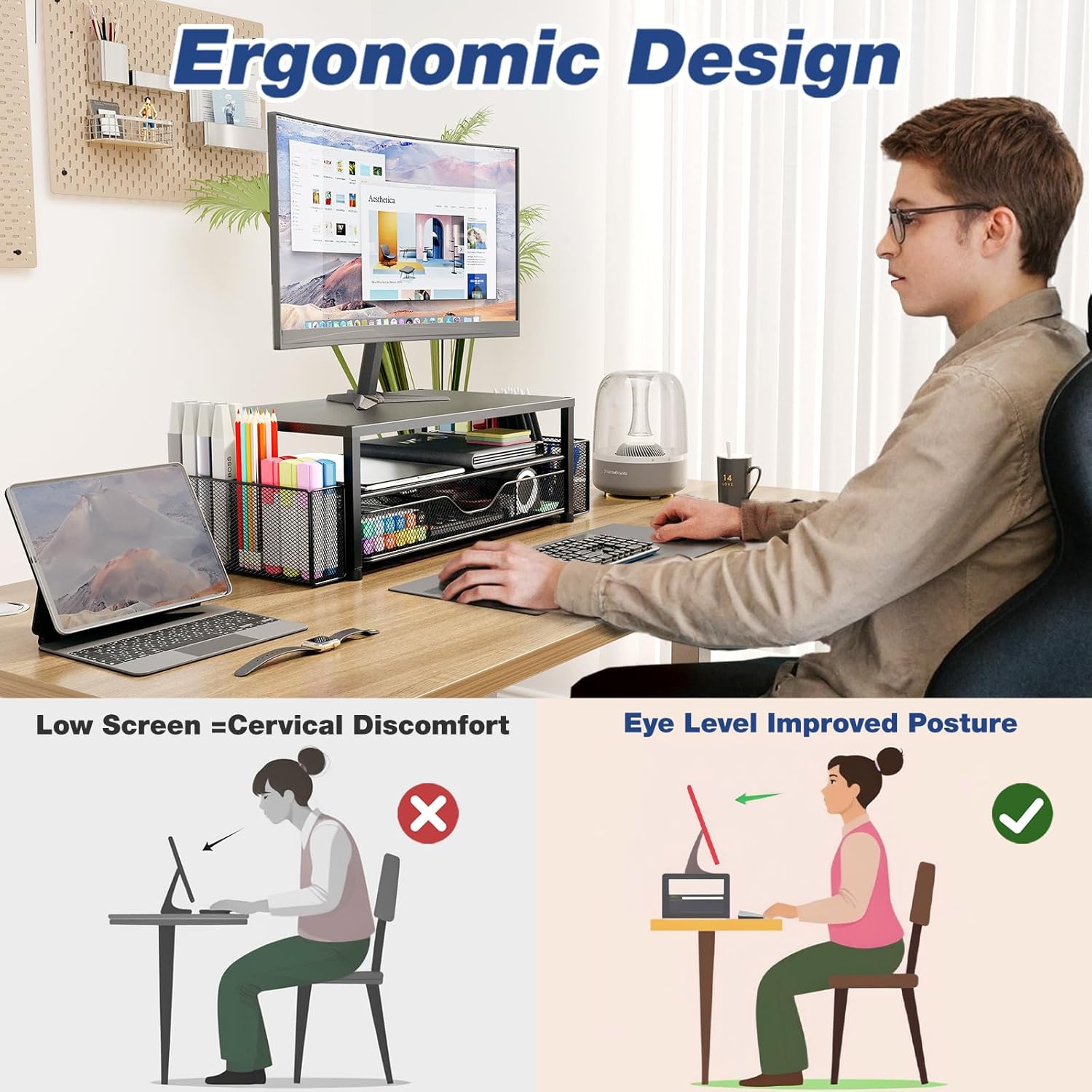 Demonstrates how the product improves workspace ergonomics and posture, reducing discomfort and potential health issues.