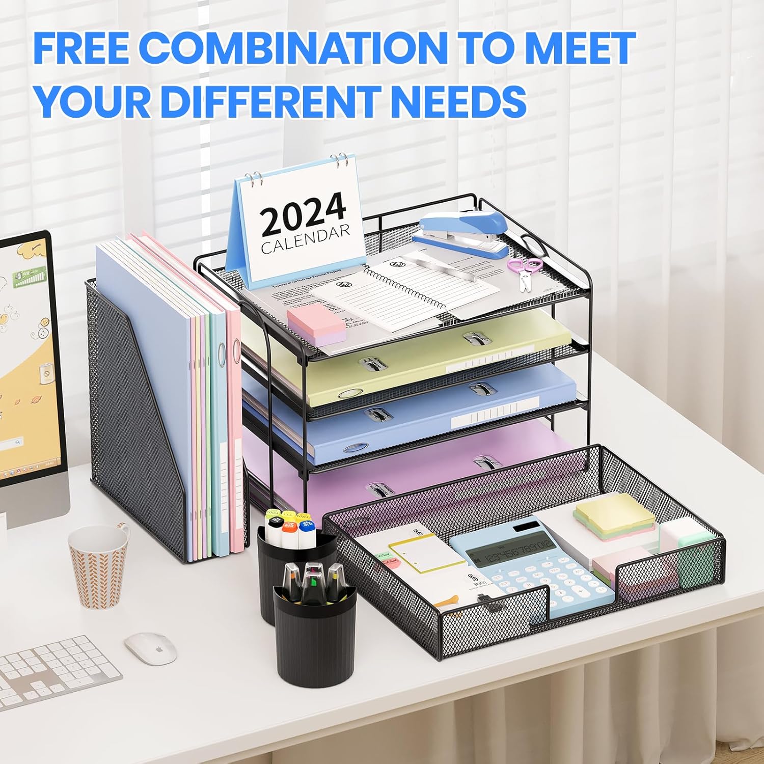 Demonstrates how the product can be used to organize various office supplies and documents, showcasing its versatility for different organizational needs.