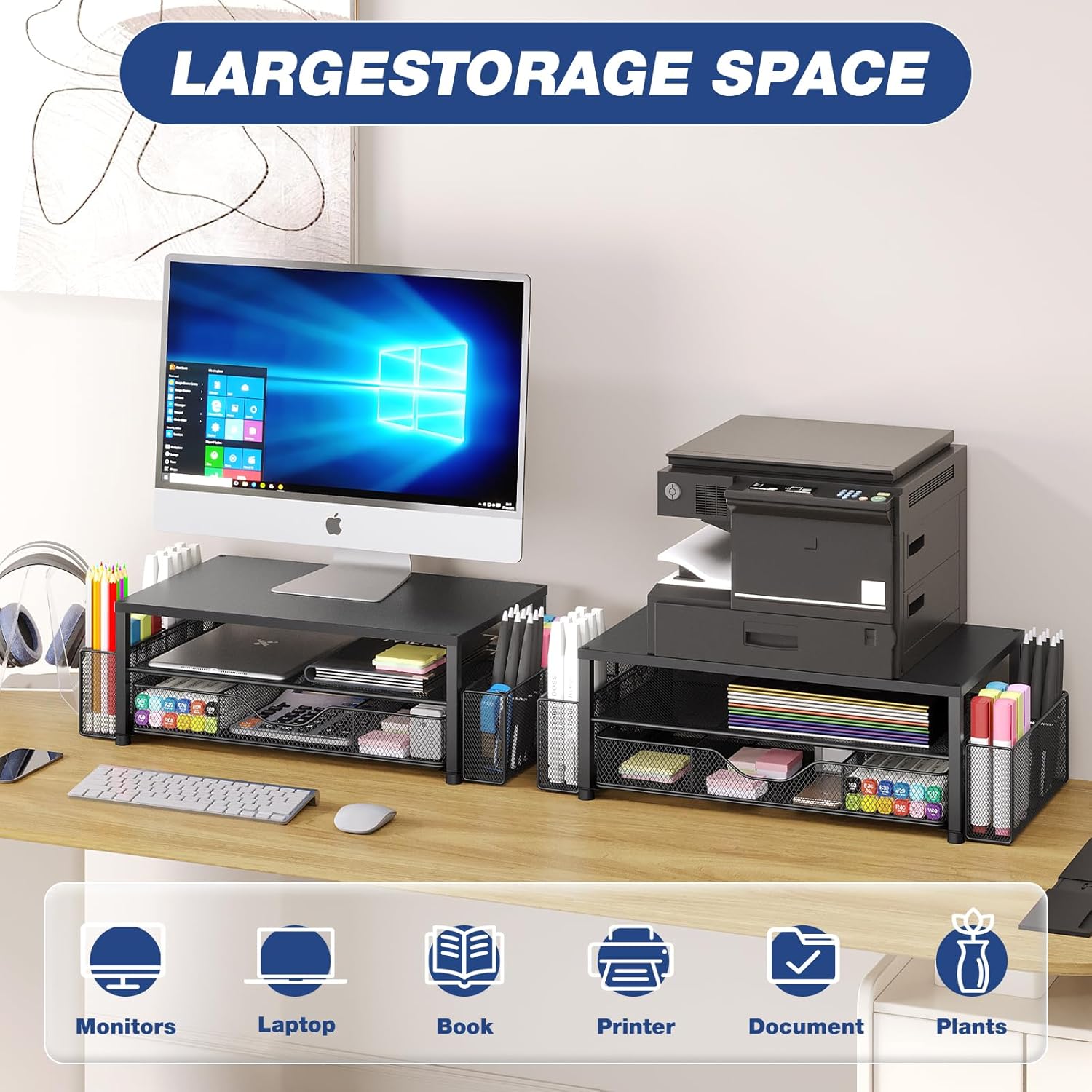 Showcases the product's ability to provide ample storage and organization for various office items and equipment.