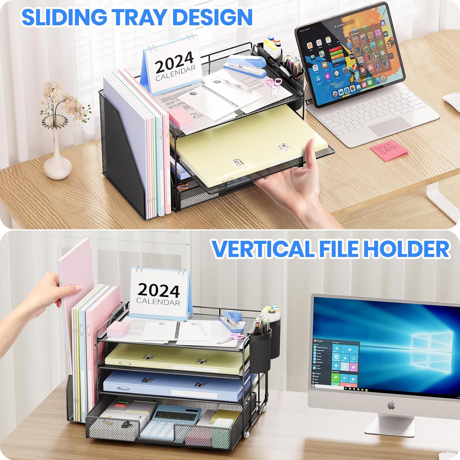 Demonstrates how to use the product to organize desk space and manage files efficiently, showing its sliding tray design and vertical file holder capabilities.