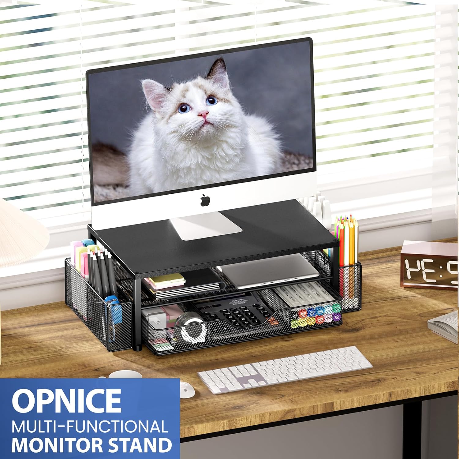 Showcases the product's multiple features for organizing desk items and improving workspace ergonomics.