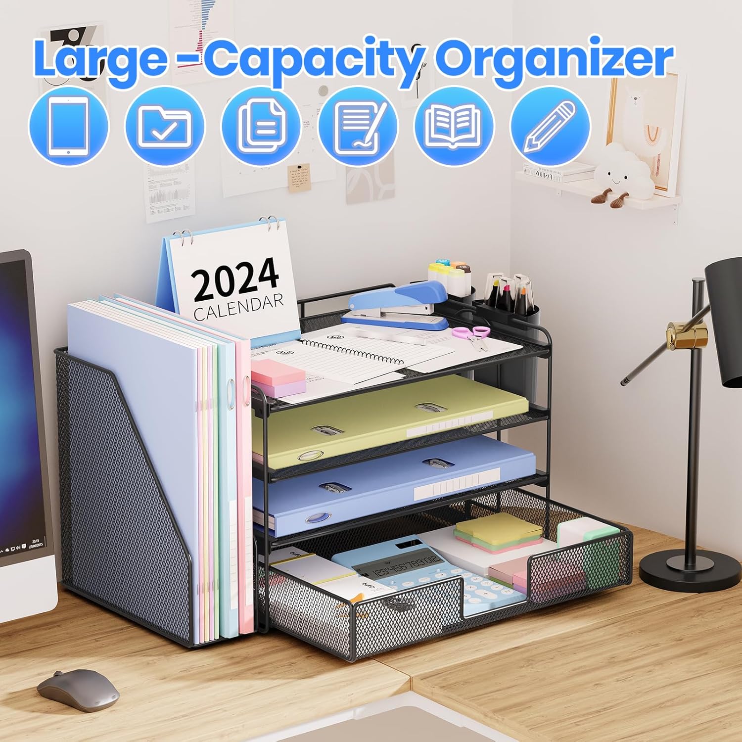 Showcases the organizer's ability to store various office supplies and documents, emphasizing its versatility and space-saving design.