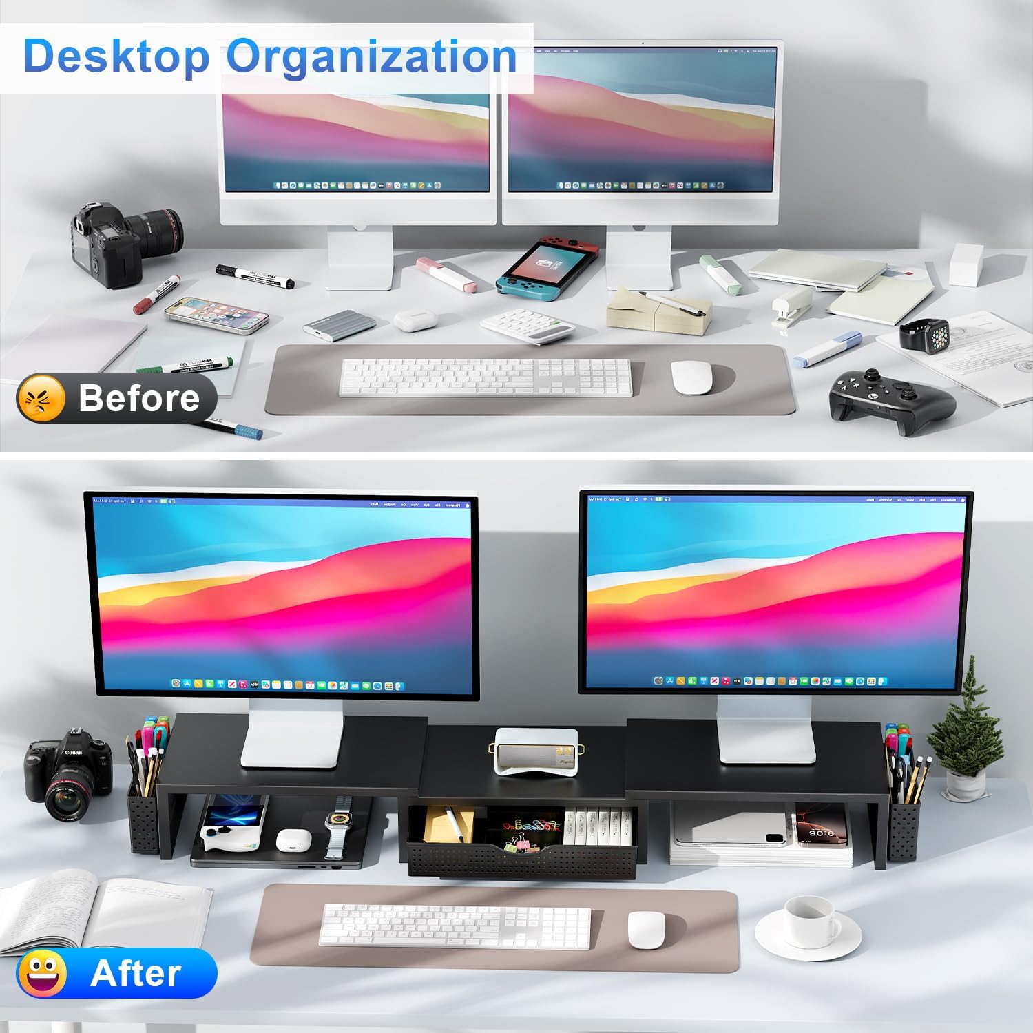 Demonstrates the transformation of a cluttered desk to an organized workspace, highlighting the benefits of using a desk organizer product.