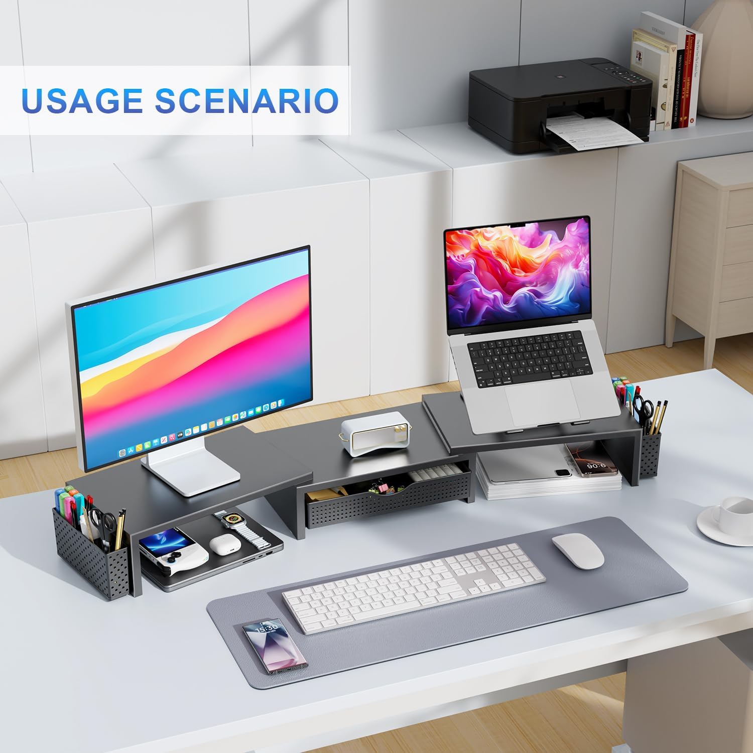 Demonstrates how the product can be used to create an organized and efficient home office workspace.