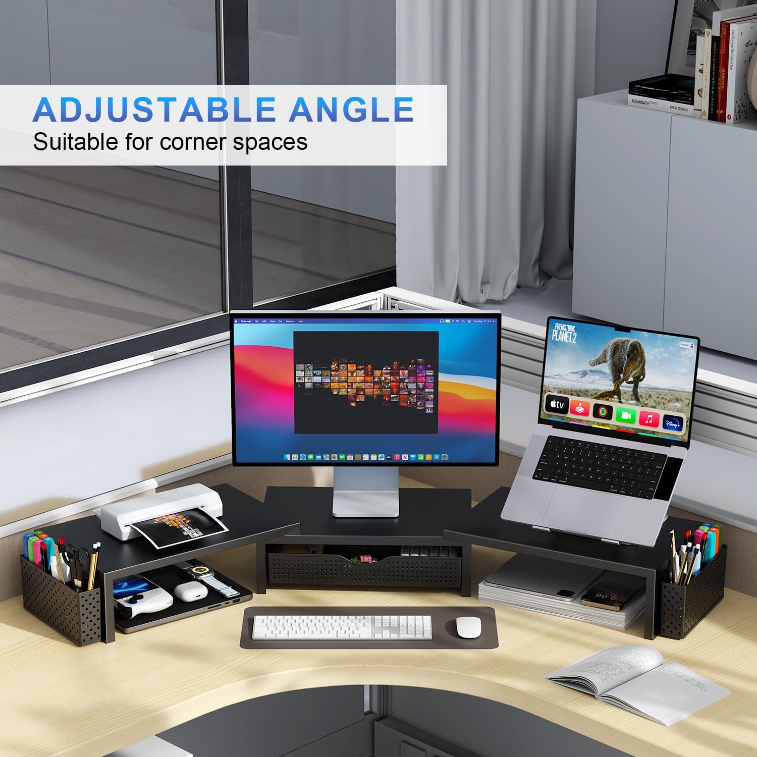 Highlights the product's ability to fit in corner spaces, demonstrating its versatility and space-saving design.