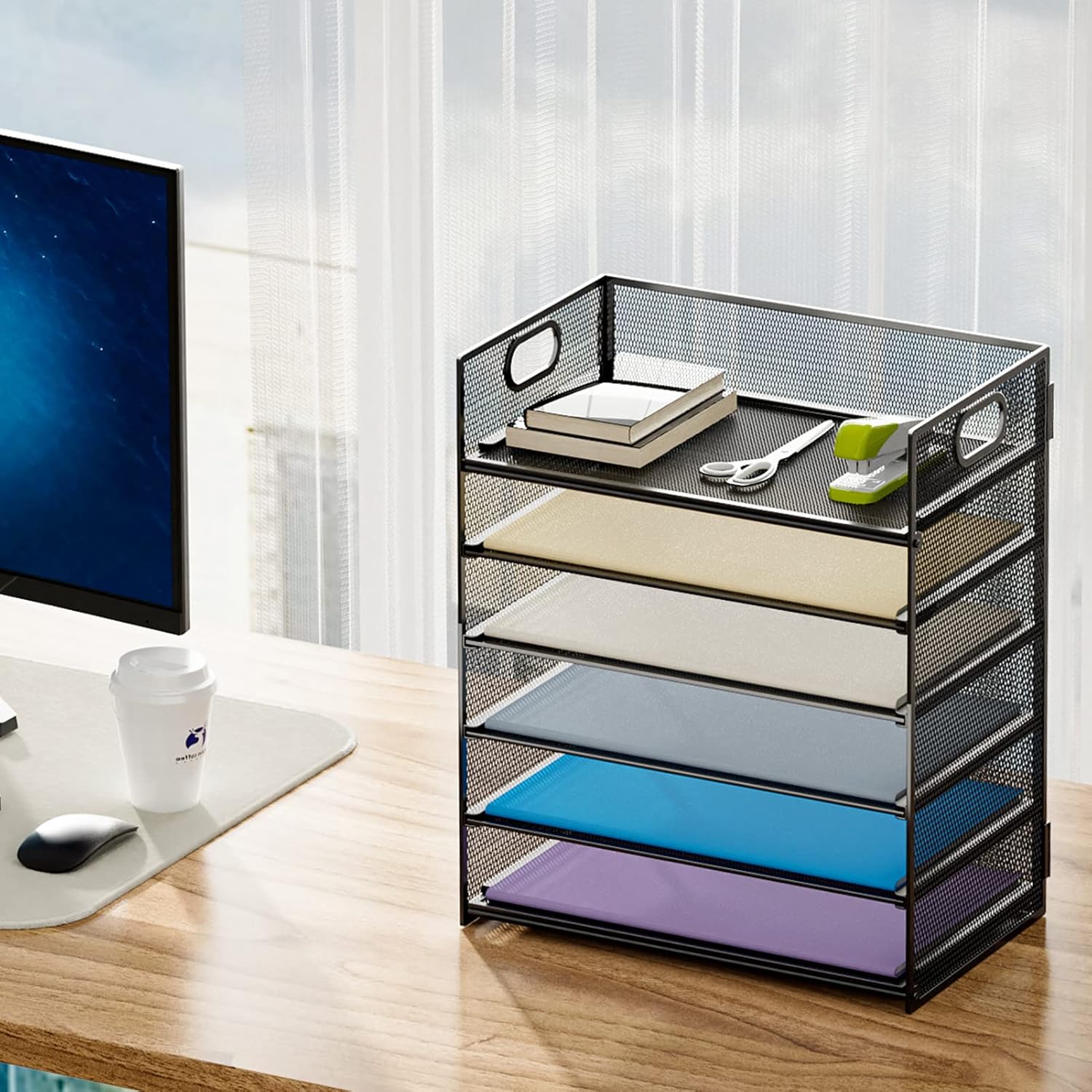 Shows the complete product with multiple colorful trays to organize different types of documents or office supplies.