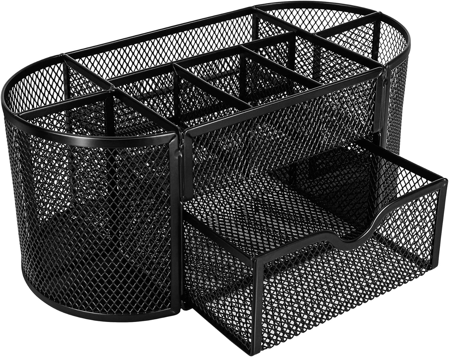 Shows the various compartments and storage options included in the desk organizer, highlighting its organizational capabilities.