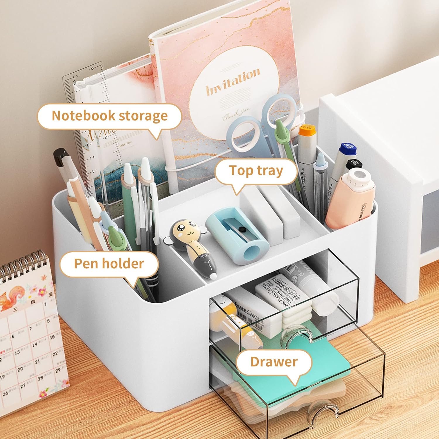 Showcases the product's various storage compartments and organizational features to appeal to customers looking for an efficient desk organizer.