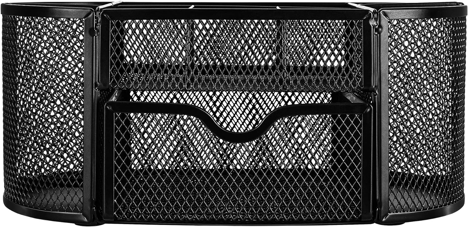 Shows the different compartments and sections of the desk organizer, highlighting its organizational capabilities.
