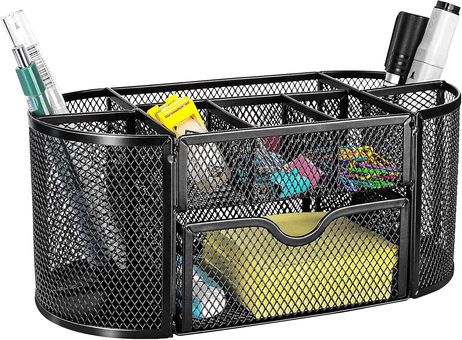 Shows the various compartments and storage options included in the desk organizer, highlighting its versatility for storing different office supplies.