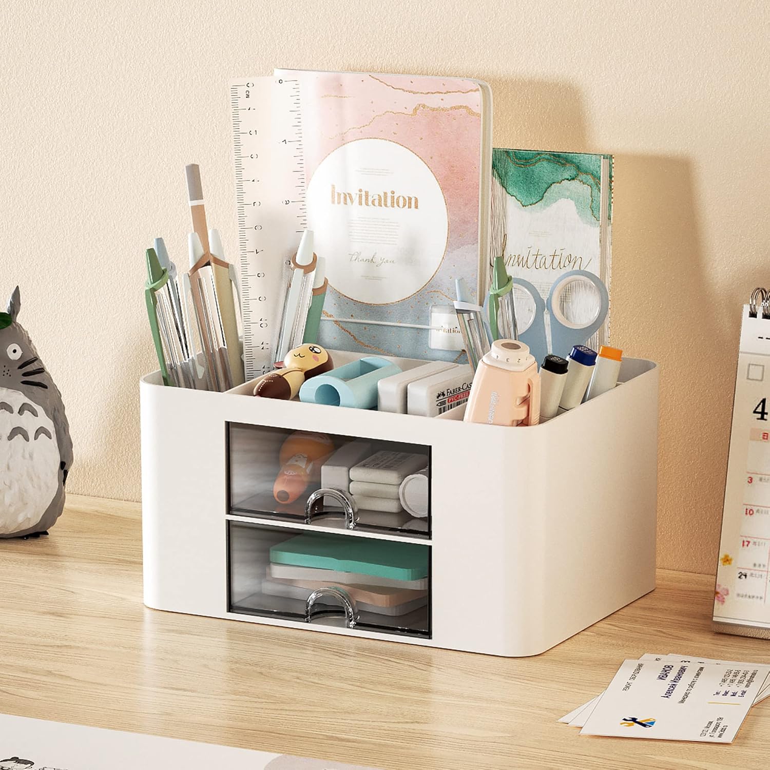 Shows all the compartments and storage options included in the desk organizer, highlighting its versatility for storing various office supplies.