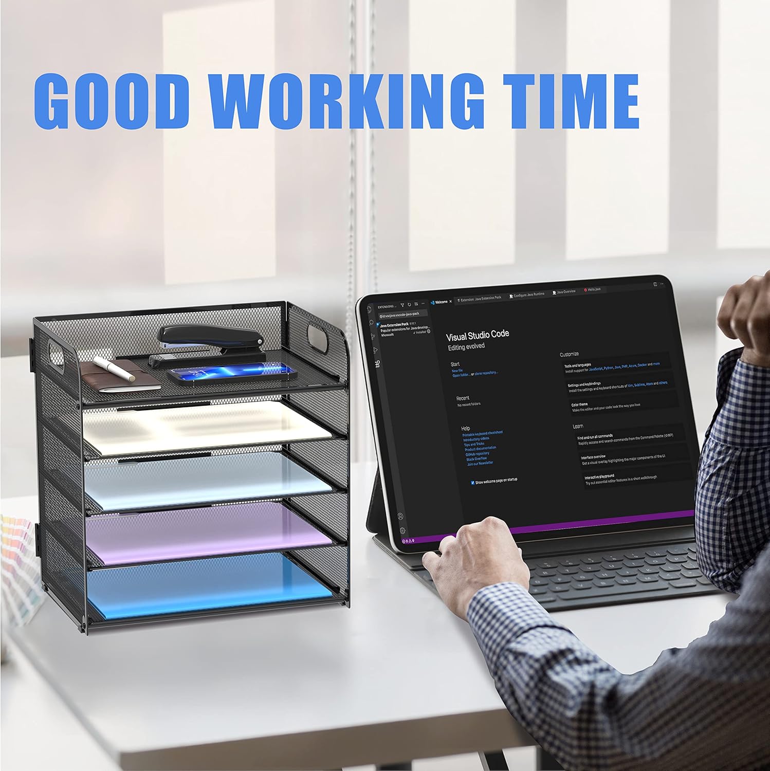 Showcases how the product helps organize documents and improve productivity in a work setting.
