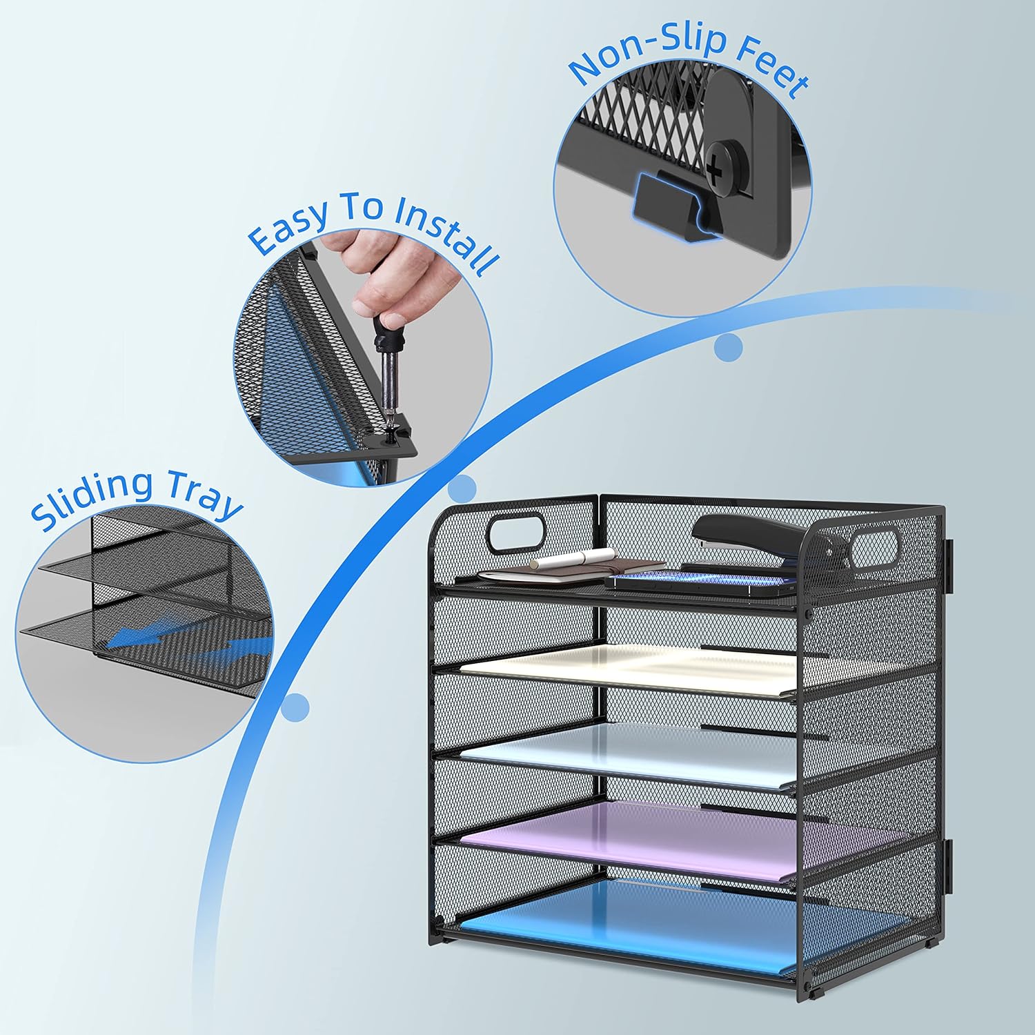 Highlights multiple key features of the desk organizer to show its functionality and ease of use.