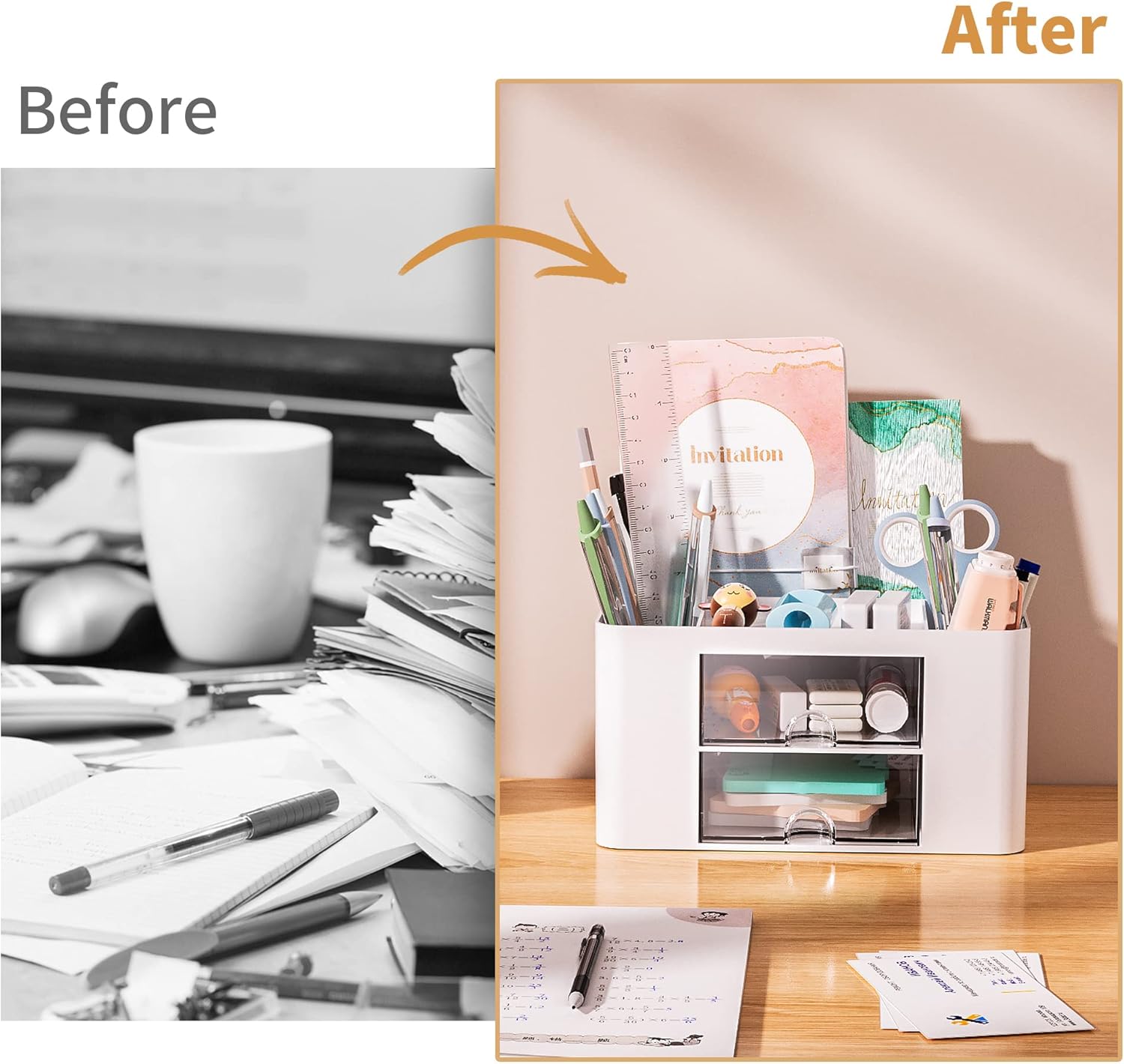 Demonstrates the transformation from a cluttered desk to an organized workspace using a storage solution.