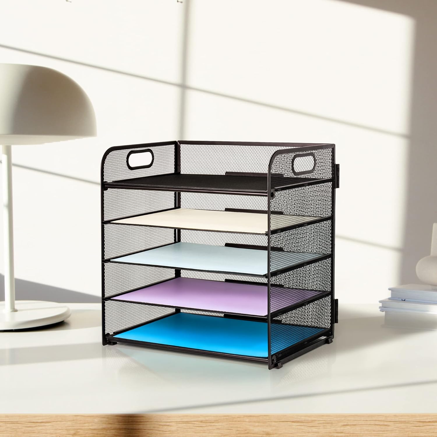 Shows the product's capacity to organize multiple sheets or documents in different colors, demonstrating its utility for office or home organization.