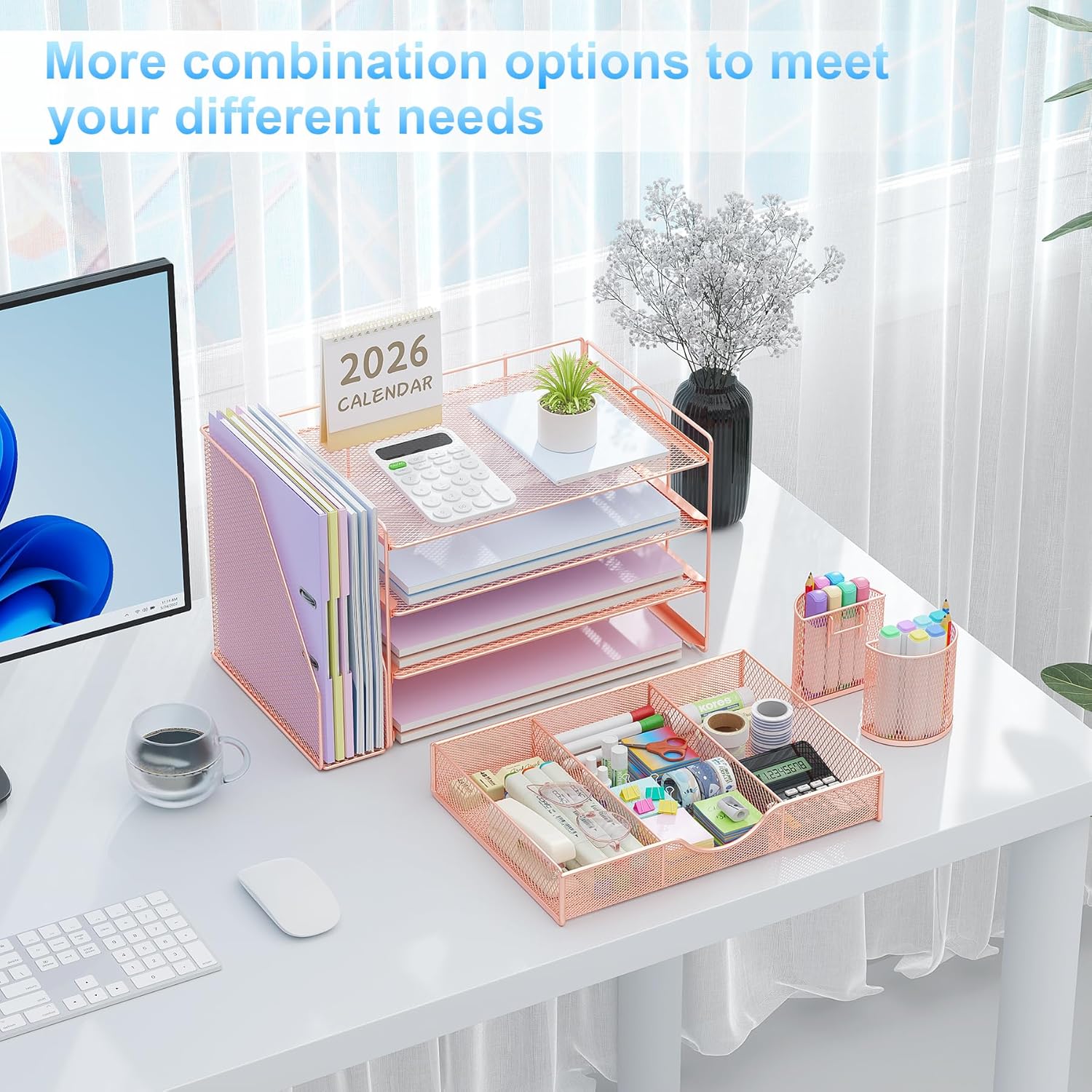 Showcases how the product can be used to organize various office supplies and create an efficient workspace.