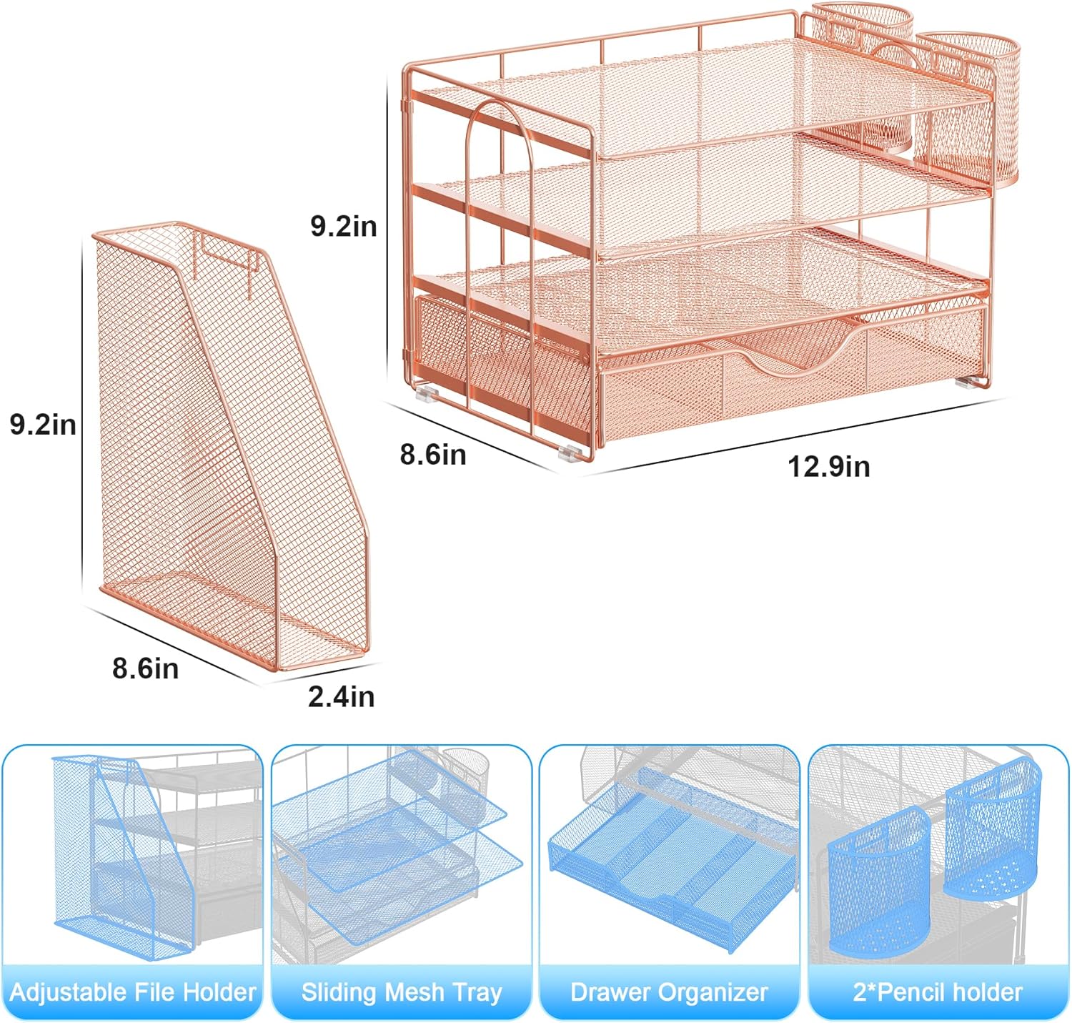 Provides exact measurements of the desk organizer and its components to help shoppers understand the product's size and capacity. Shows all the components included in the desk organizer set,…