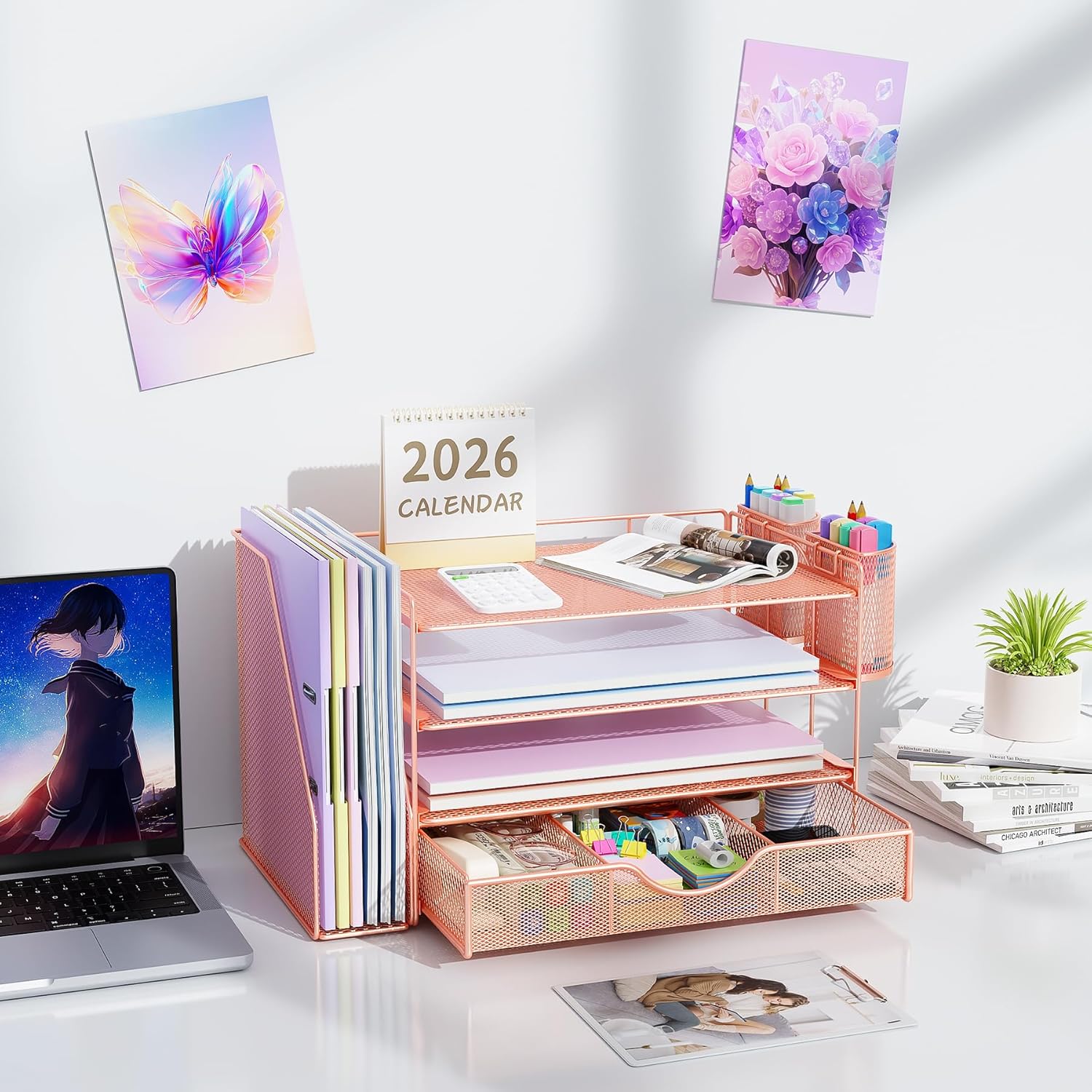 Showcases the complete desk organization system, highlighting its various components and storage capabilities. Demonstrates how the product creates an aesthetically pleasing and organized workspace…