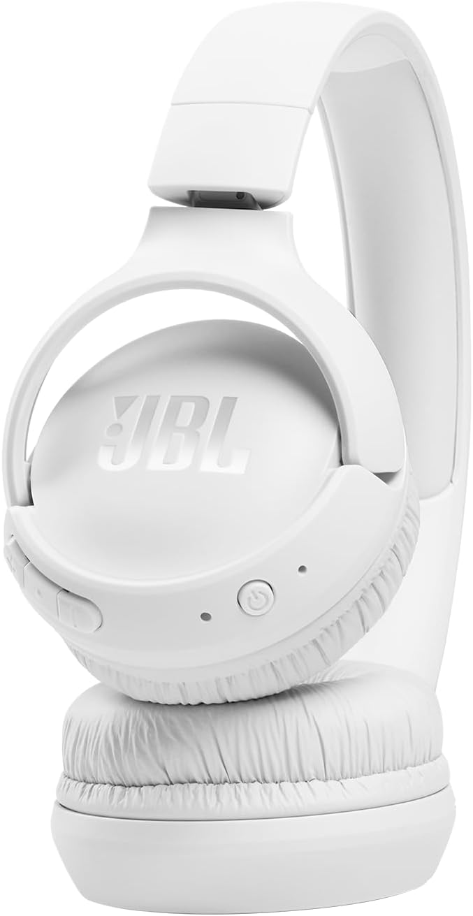 Showcases the sleek white design of the JBL headphones in a clean, minimalist style to highlight their aesthetic appeal.