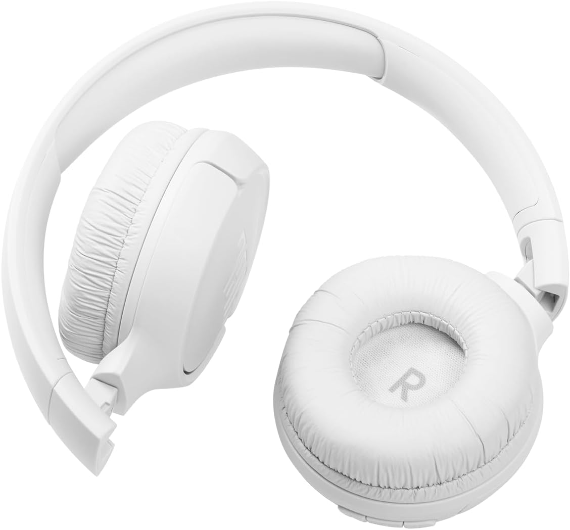 Shows the headphones in a clean, minimalist setting to highlight their sleek white design and comfortable over-ear style.