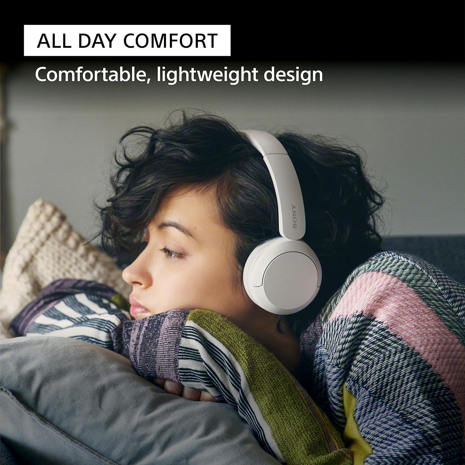 Emphasizes the all-day comfort and lightweight design of the headphones to reassure potential buyers about long-term wearability.