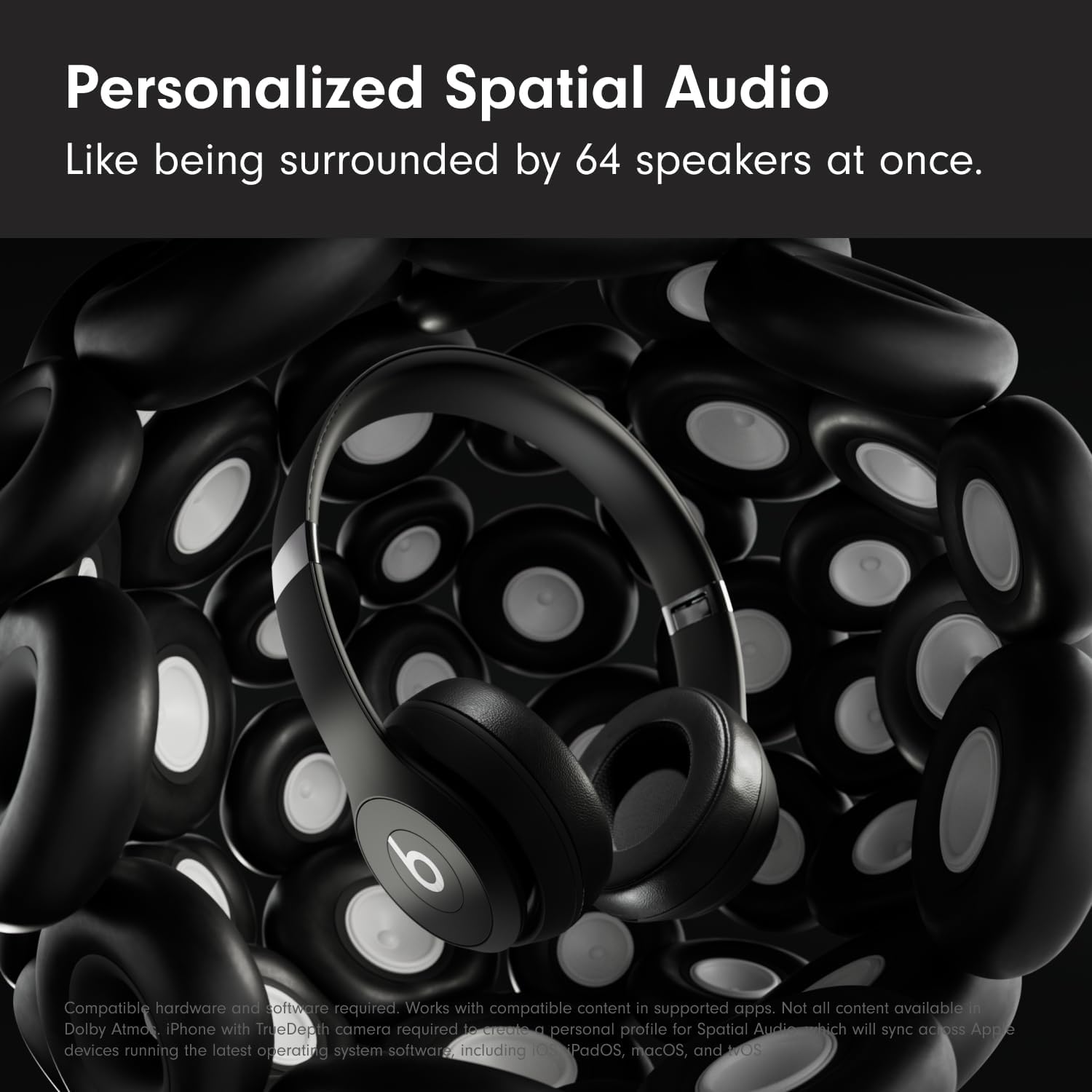 Highlights the product's advanced audio feature, emphasizing an immersive sound experience comparable to being surrounded by multiple speakers.