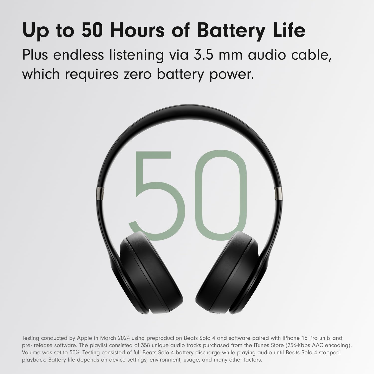 Highlights the product's impressive battery life of up to 50 hours, emphasizing its long-lasting performance for extended use.