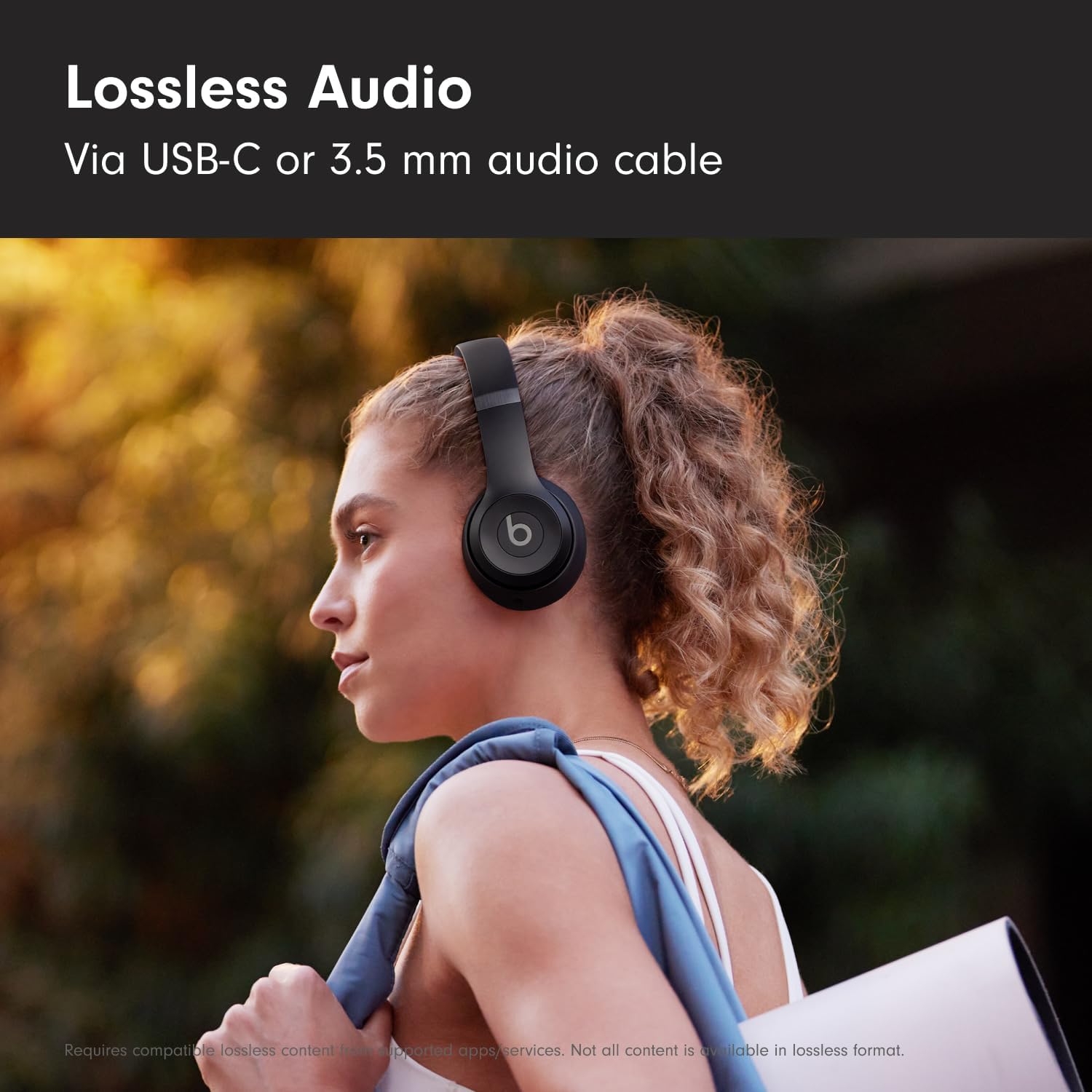 Highlights the product's lossless audio capability, emphasizing high-quality sound output via USB-C or 3.5mm audio cable.