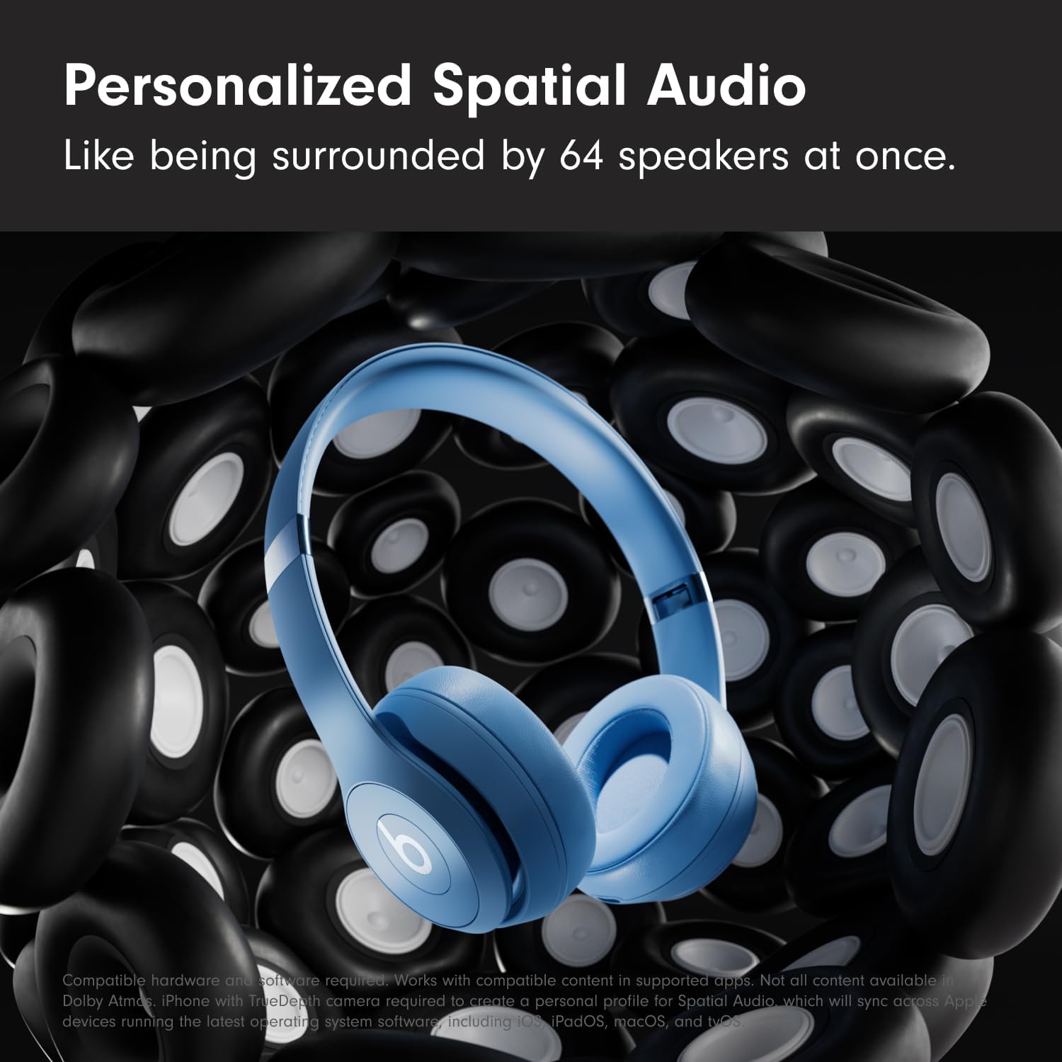 Highlights the product's advanced audio technology, emphasizing an immersive sound experience comparable to being surrounded by multiple speakers.