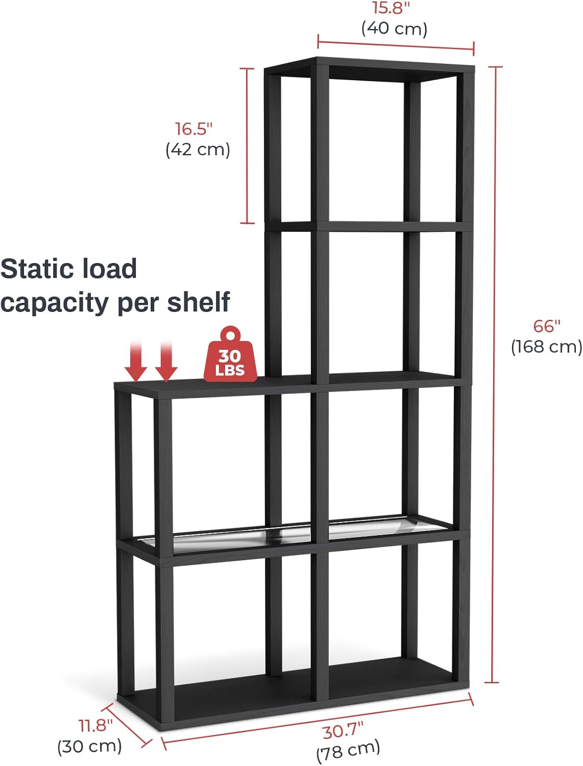 Provides exact measurements of the shelving unit and highlights the weight capacity per shelf to inform customers about its size and strength.