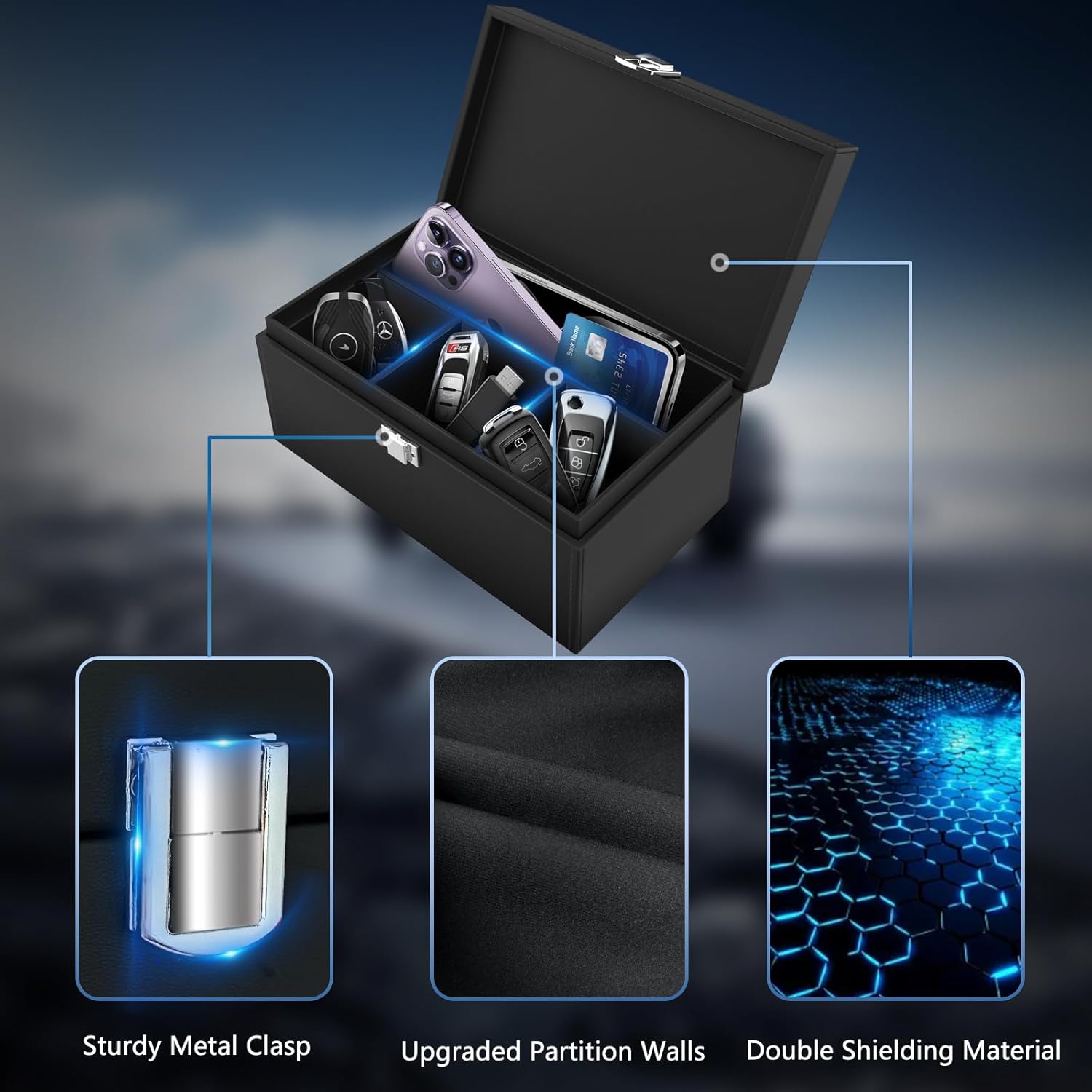 Highlights multiple security features of the product to reassure customers about its effectiveness in protecting valuable items. Demonstrates the product's ability to safely store and protect…
