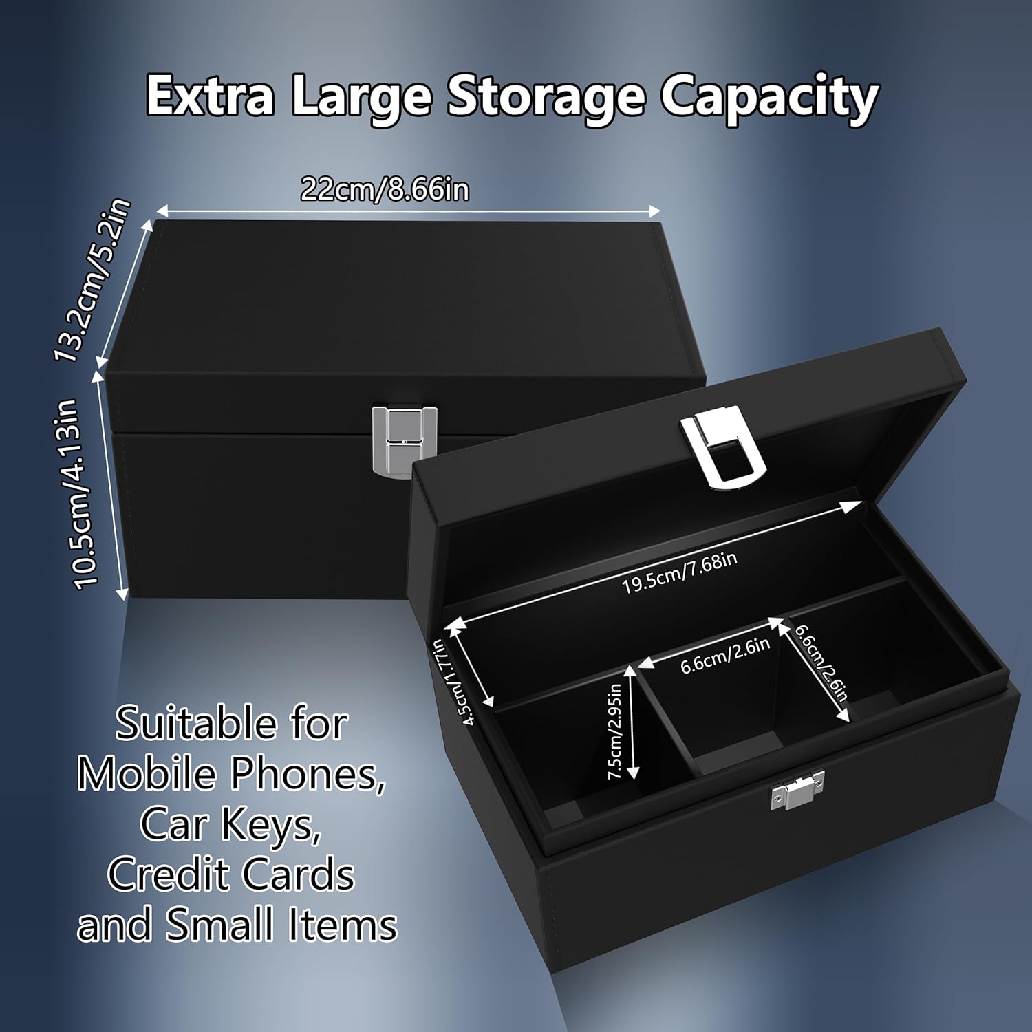 Demonstrates the product's dimensions and storage capacity to show it can accommodate various small items like phones, keys, and cards. Highlights the versatility of the storage box by listing…