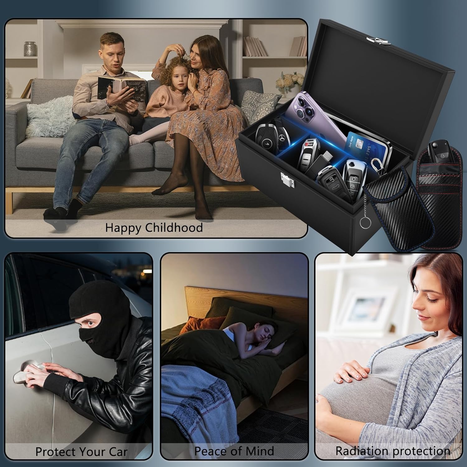 Highlights the various applications of the product. Some safety, some security. 
