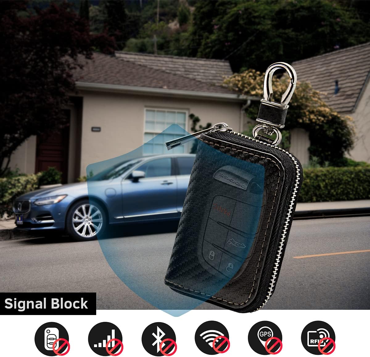 Demonstrates the key fob case's ability to block various wireless signals, protecting the car from potential theft or hacking attempts. Shows the product in use with a luxury car, emphasizing its…