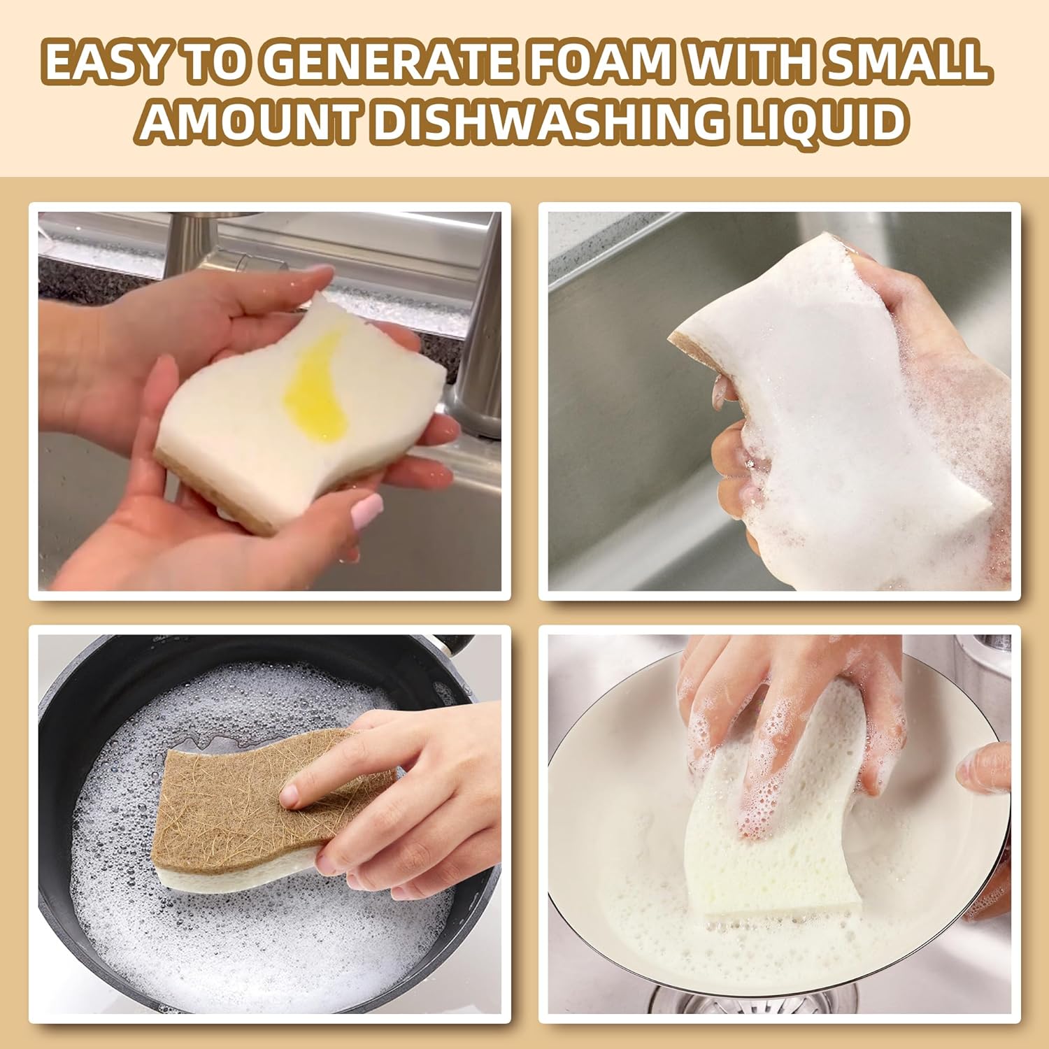 Demonstrates how easily the product generates foam with a small amount of dishwashing liquid, emphasizing its efficiency and effectiveness.