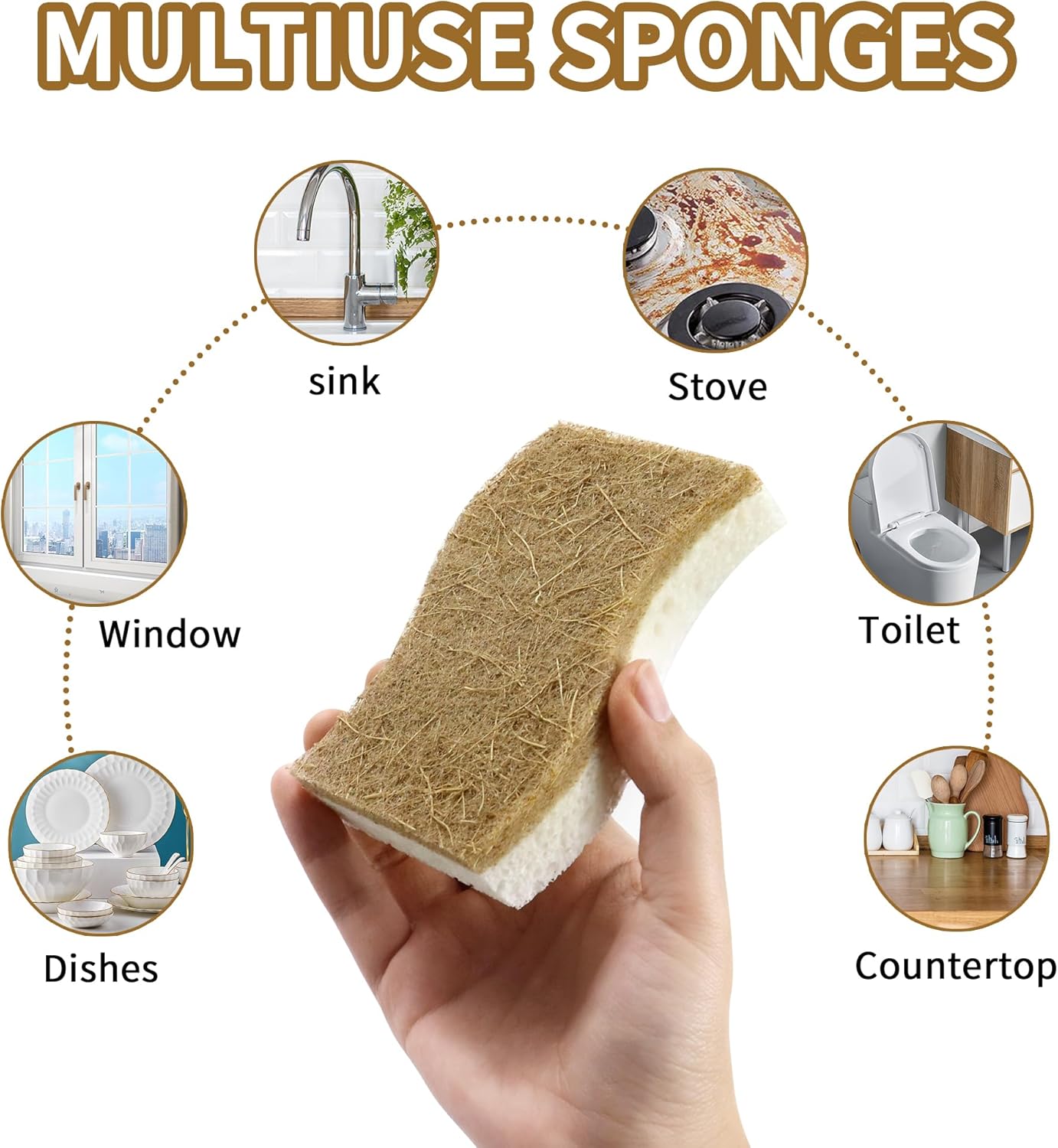 Demonstrates the versatility of the sponge by showing various surfaces and items it can clean, from sinks to windows to dishes.