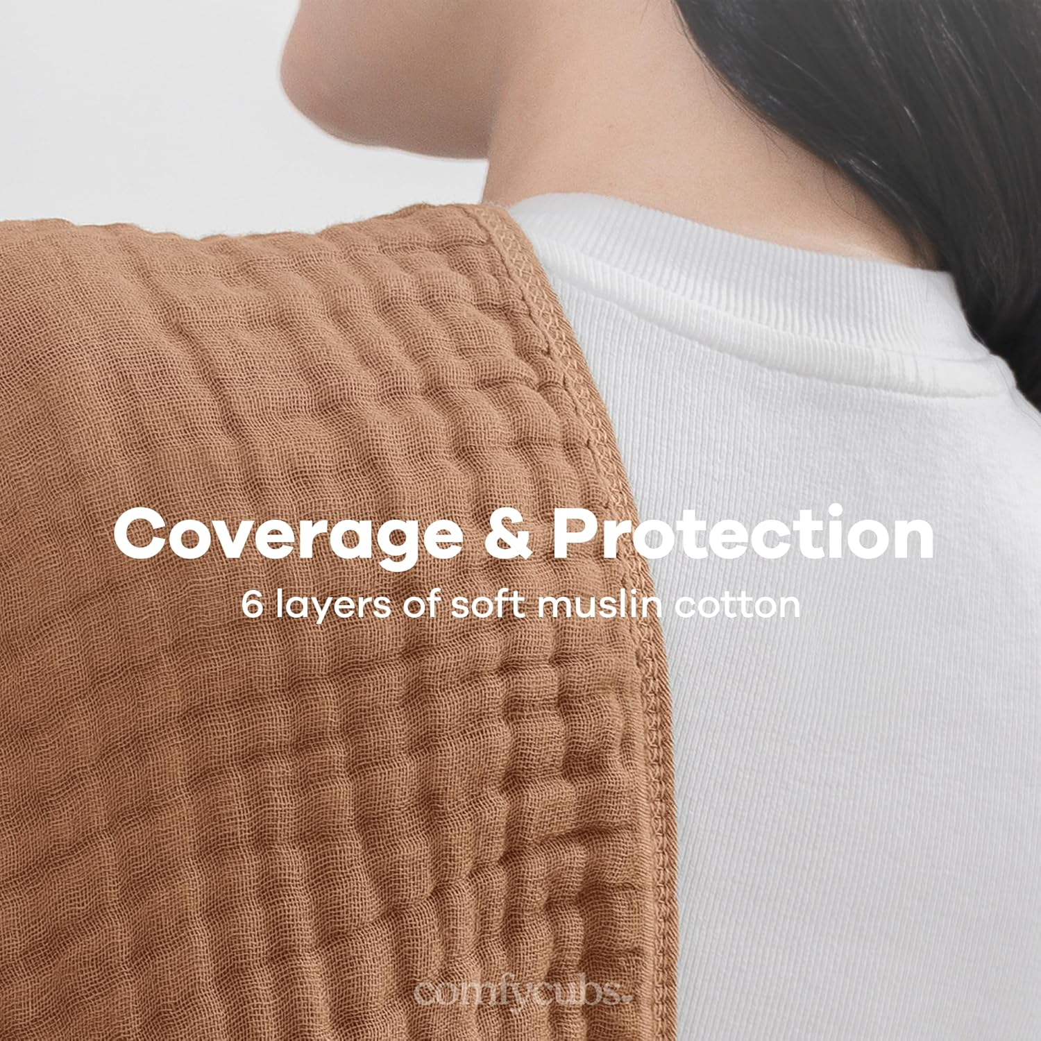 Highlights the product's coverage and protection features, emphasizing the 6 layers of soft muslin cotton for comfort and functionality.