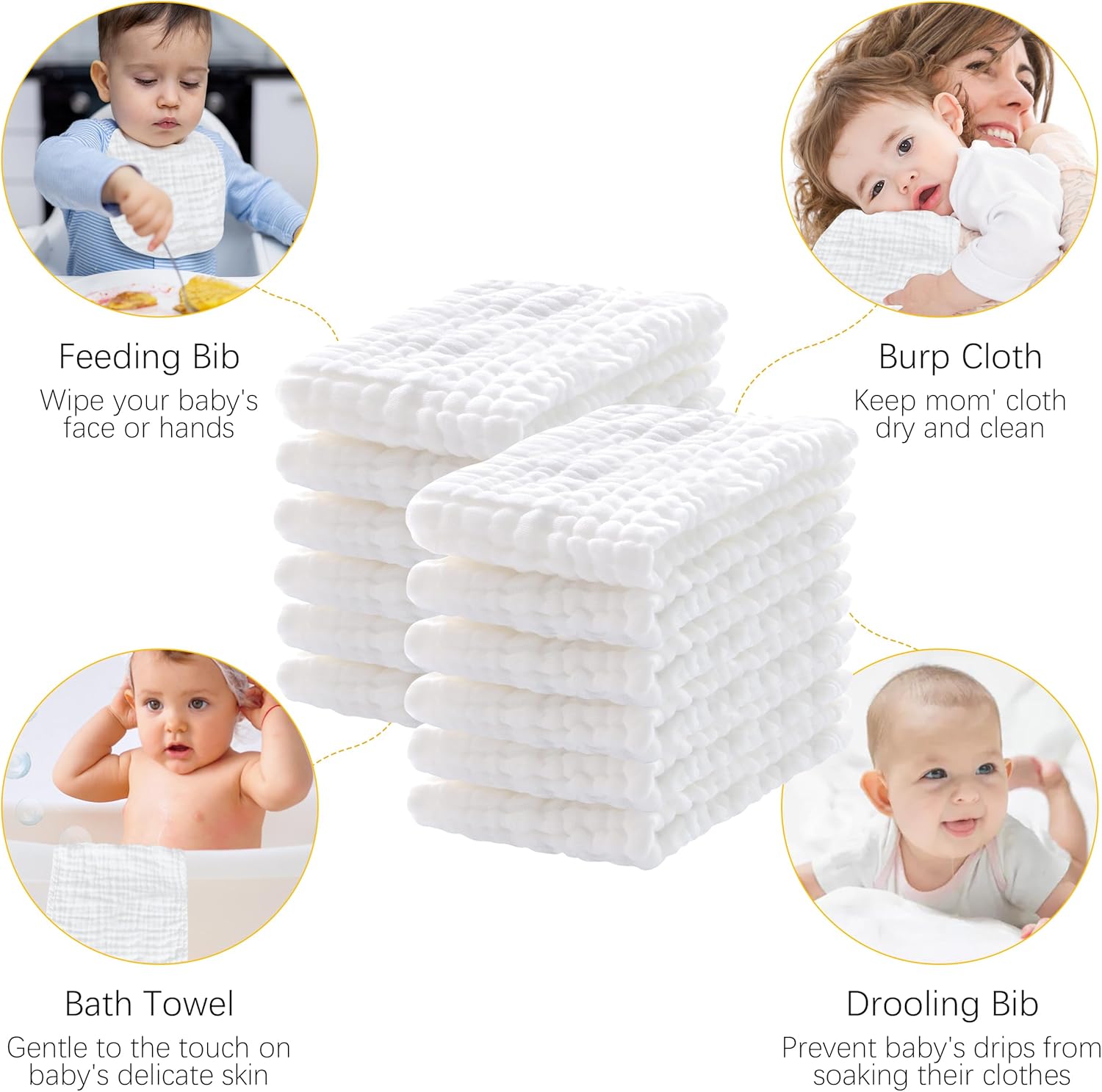 Demonstrates the various ways the product can be used for baby care, including as a feeding bib, burp cloth, bath towel, and drooling bib.