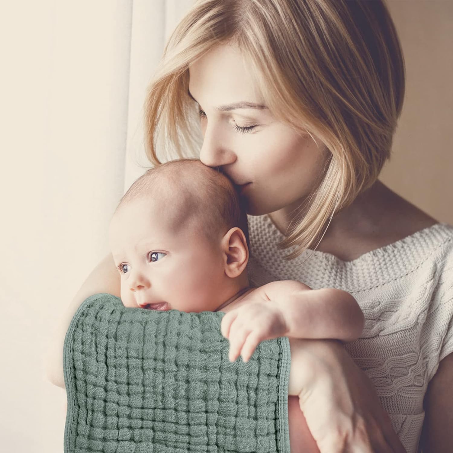 Showcases the product in use, emphasizing the emotional connection between mother and baby while using the item.