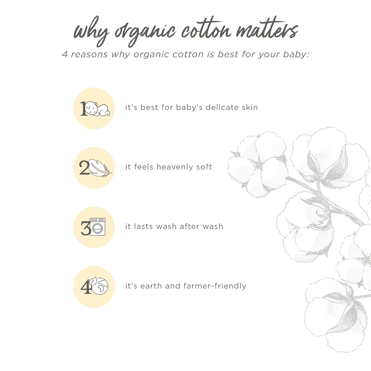 Highlights multiple benefits of organic cotton for baby products, emphasizing its gentleness on skin, softness, durability, and environmental friendliness.