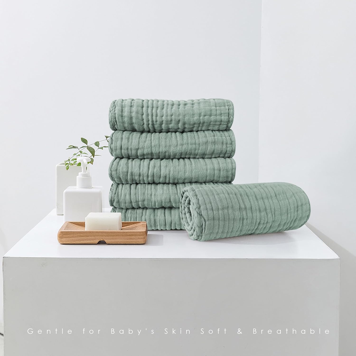 Highlights the gentle and breathable nature of the towels, emphasizing their suitability for baby's sensitive skin.