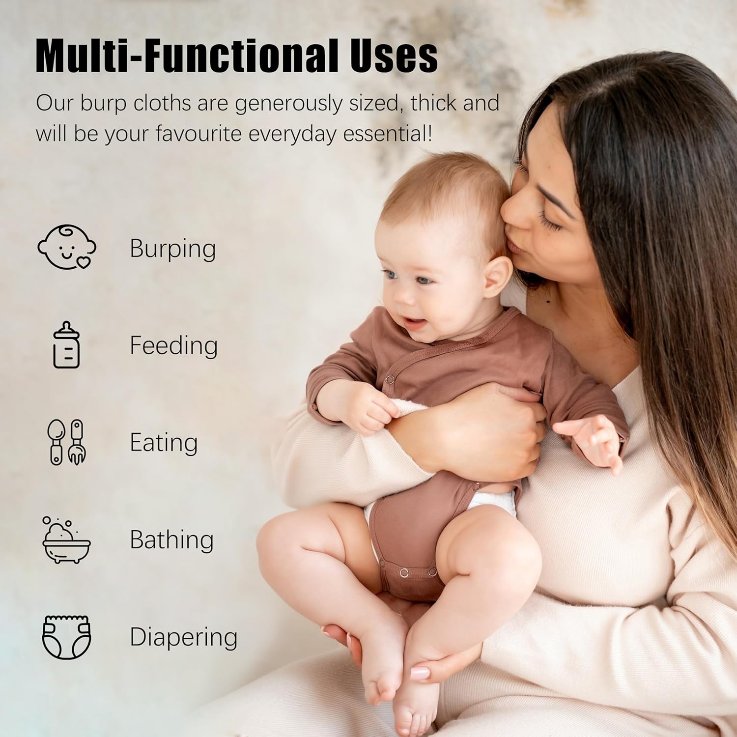 Demonstrates the versatility of the burp cloths for various baby care tasks, positioning them as an essential everyday item for parents.