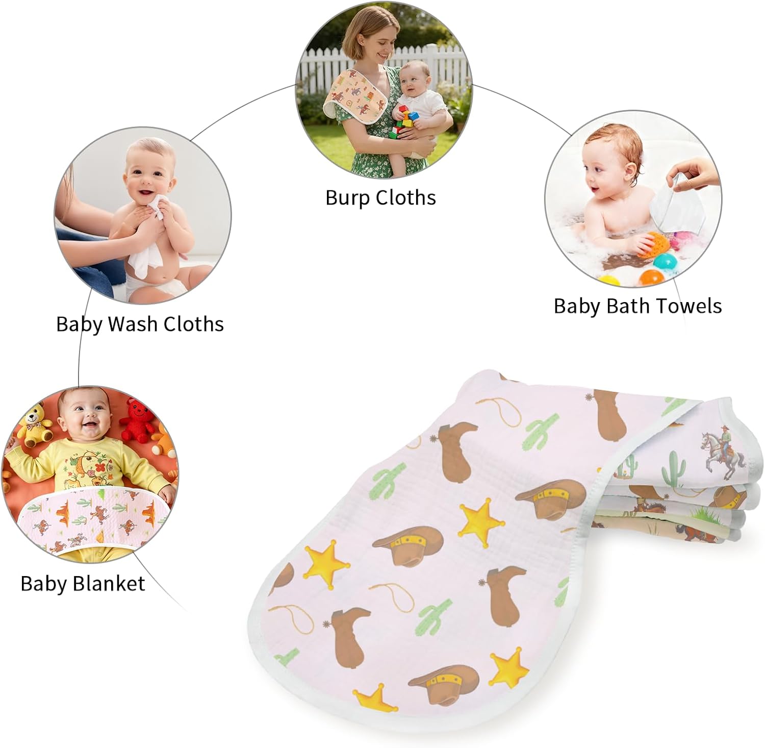 Demonstrates the various ways the product can be used for baby care, including as wash cloths, burp cloths, bath towels, and blankets.