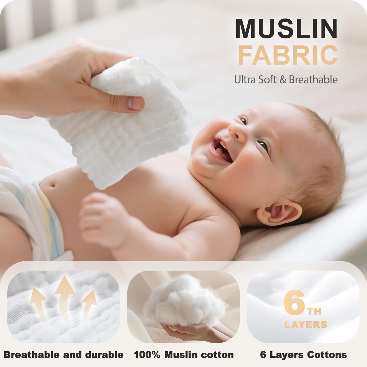 Highlights the key feature of the product being made from soft, breathable muslin fabric, emphasizing its comfort for babies.