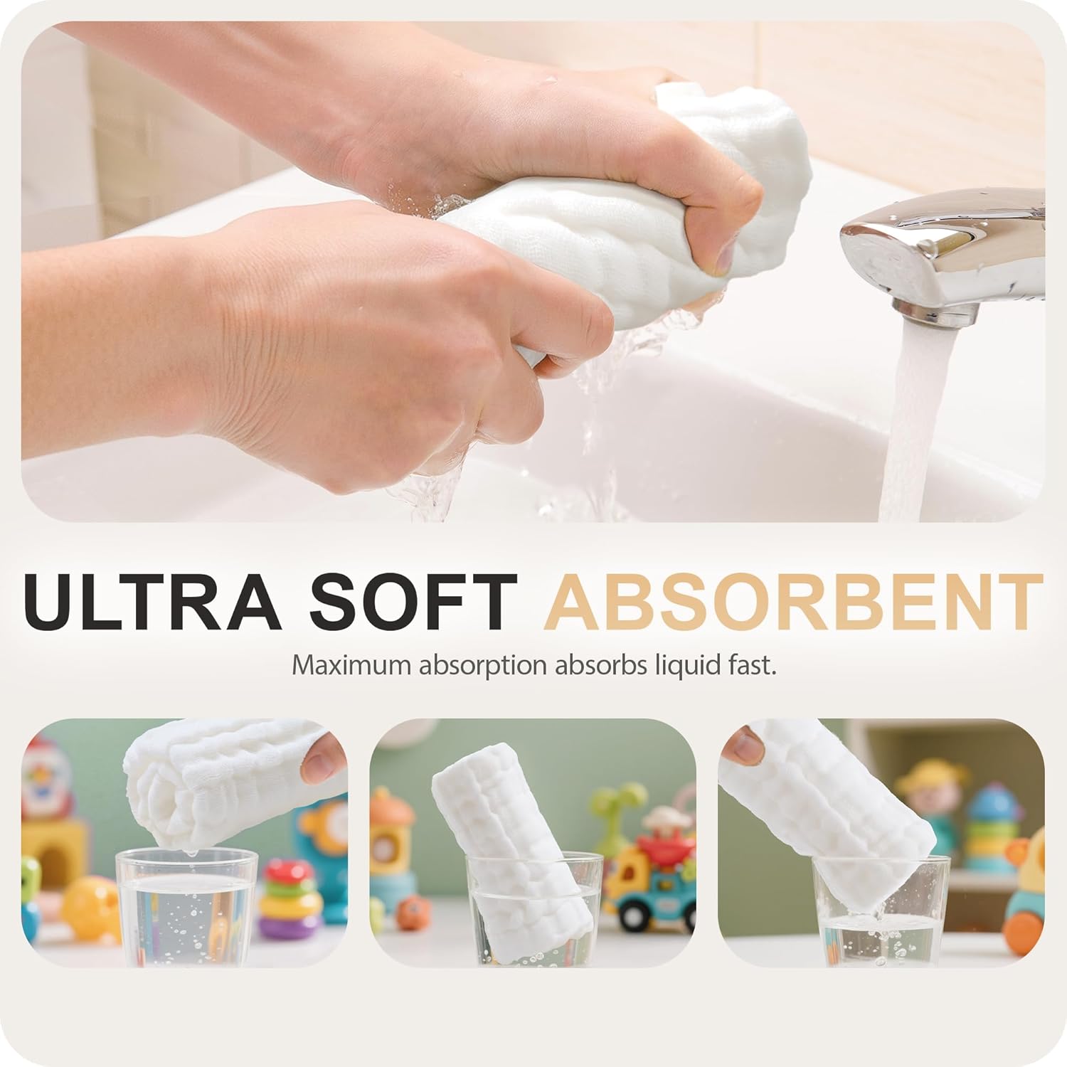 Demonstrates the product's high absorbency and softness, emphasizing its effectiveness in quickly absorbing liquids.