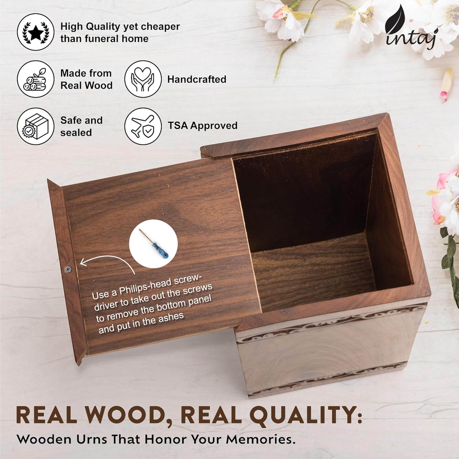 Highlights multiple key features and benefits of the wooden urn to reassure customers of its quality, craftsmanship, and practicality. Provides clear instructions on how to open the urn and insert…