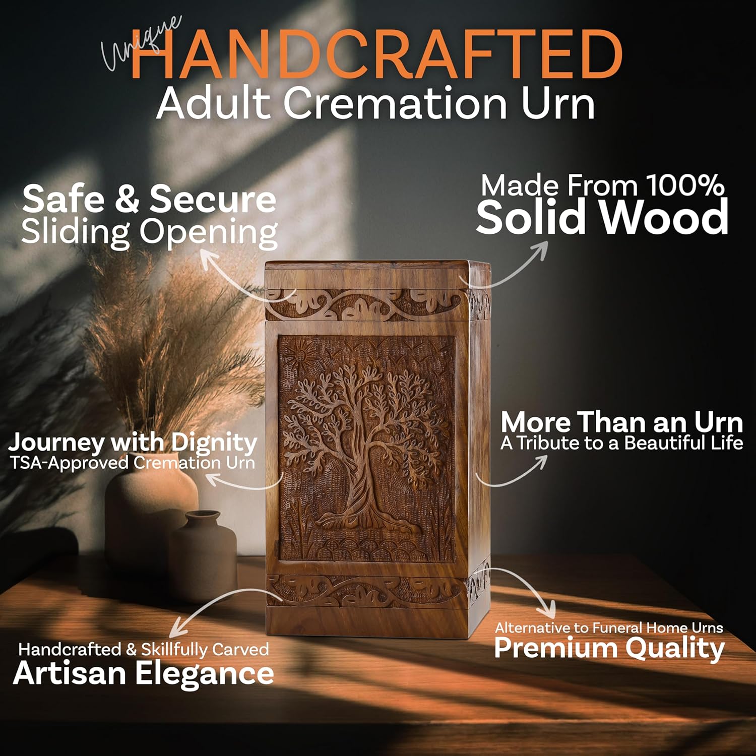 Highlights multiple features and benefits of the cremation urn to showcase its quality, craftsmanship, and suitability for respectful use.