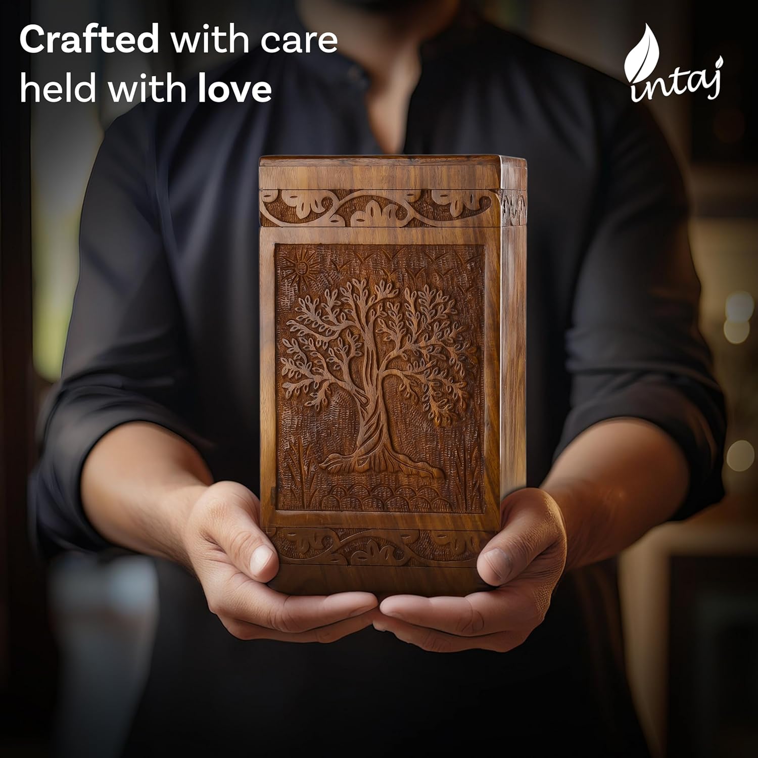 INTAJ Handcarved Wooden Cremation Urn for Human Ashes: Infographics