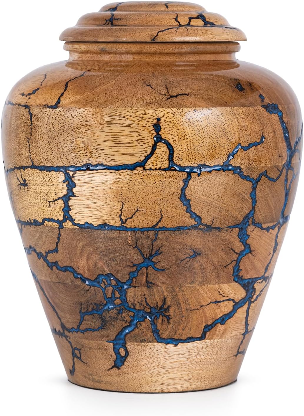 Showcases the distinctive wood grain pattern with blue resin inlay, highlighting the product's artistic and handcrafted nature.